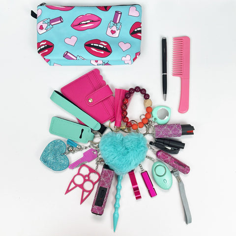 18pcs Keychain Sets With Wristlet Bracelet Wallet, Mini Bag, Comb, Pen For Women And Girls